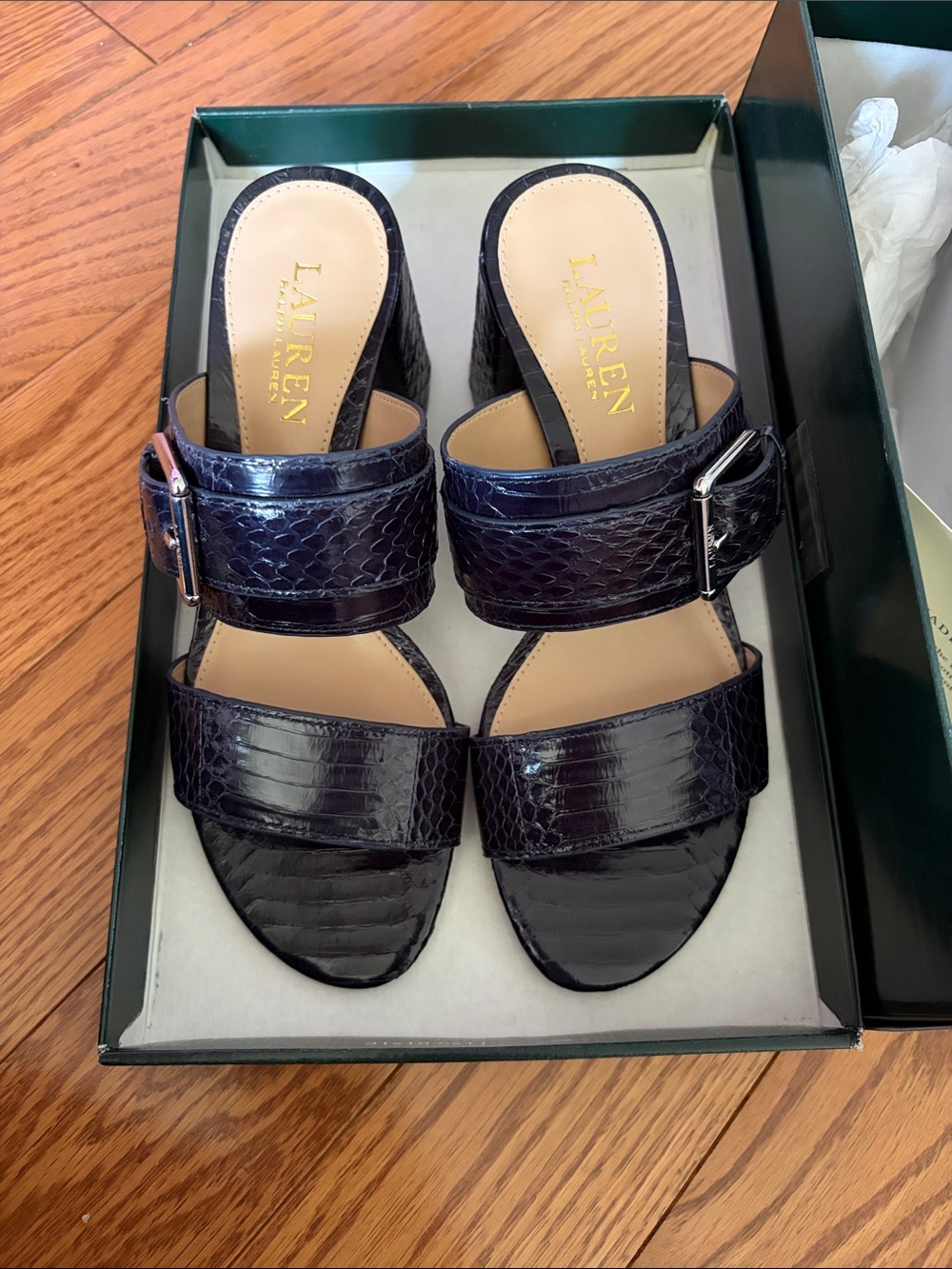 Lauren Ralph Lauren Dark Navy Croc-Embossed Leather Buckle Slide Mules